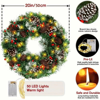 Christmas Wreath – Pre-Lit Pine Cone LED Decoration (50cm)