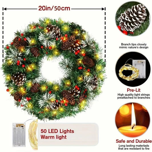 Christmas Wreath – Pre-Lit Pine Cone LED Decoration (50cm)