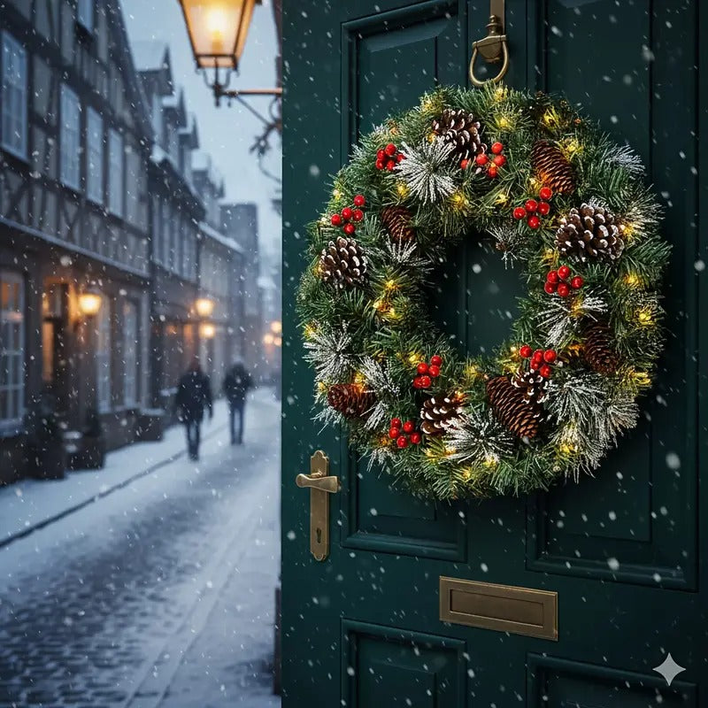 Christmas Wreath – Pre-Lit Pine Cone LED Decoration (50cm)