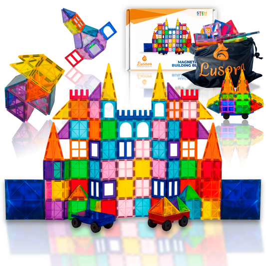 102-Piece Magnetic Tiles Building Set with 2 Magnetic Cars – STEM Montessori Educational Toy for Kids 3+