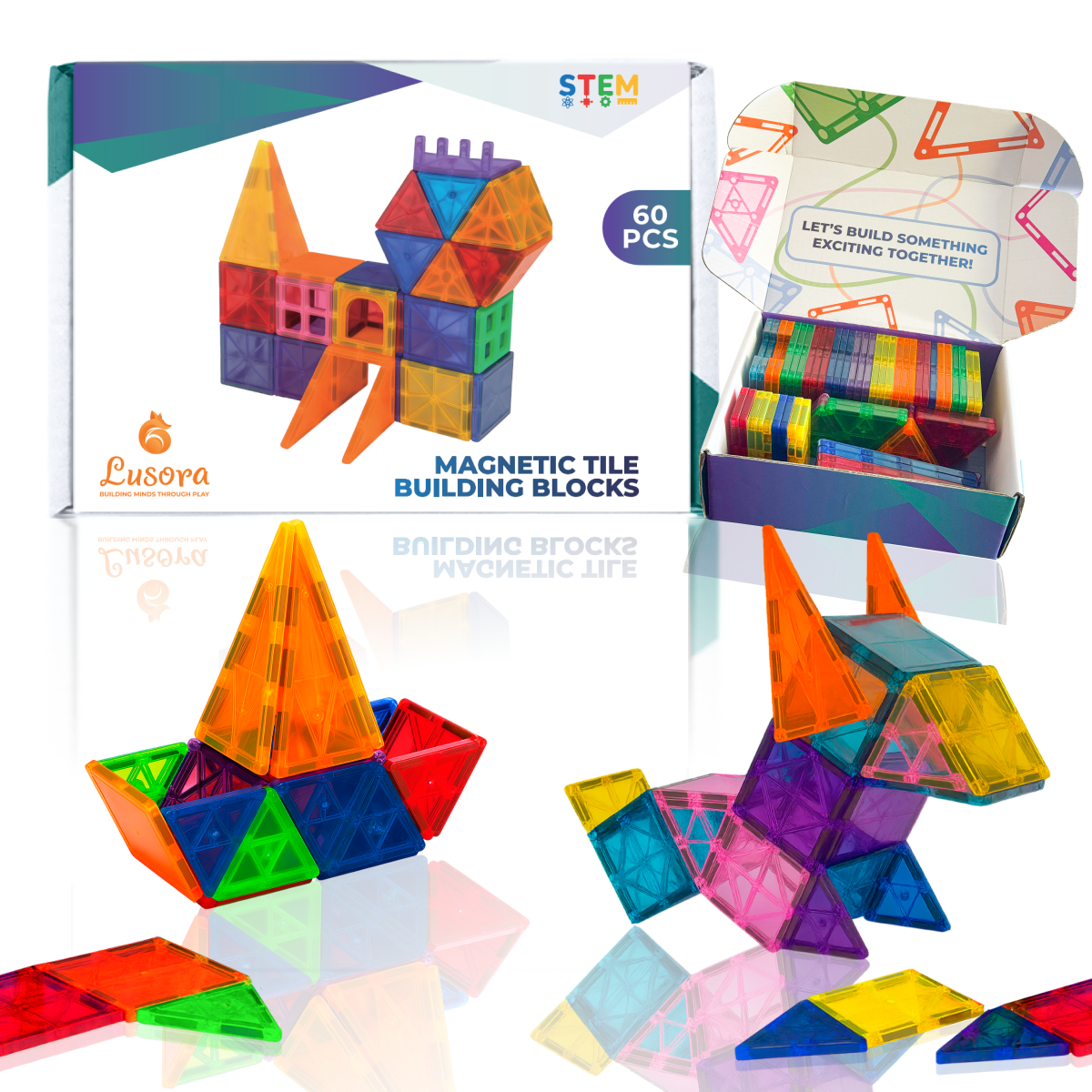 60-Piece Magnetic Tiles Building Set – STEM Montessori Educational Toy for Kids 3+