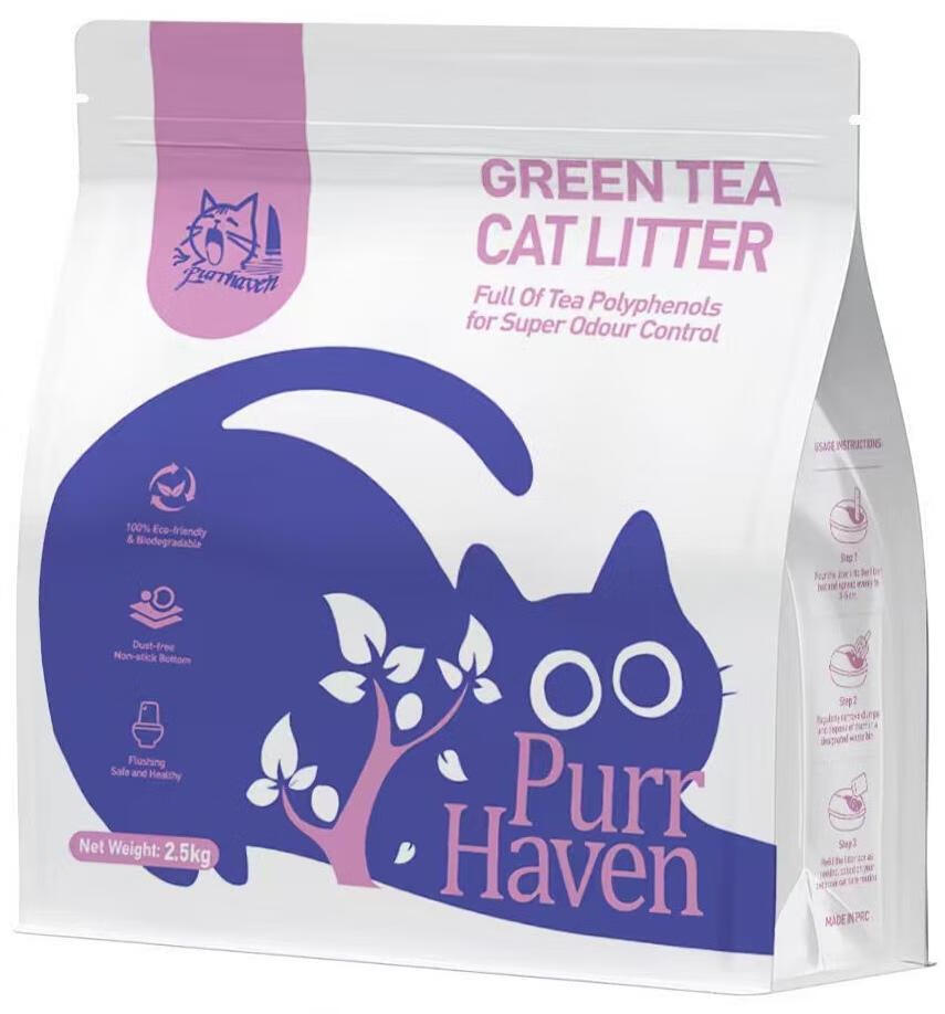 Purr Haven Green Tea Natural Cat Litter – Plant-Based, Flushable & Odor-Control | 2.5kg Pack (6 Packs / 10 Carton)