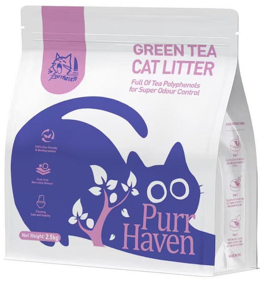 Purr Haven Green Tea Natural Cat Litter – Plant-Based, Flushable & Odor-Control | 2.5kg Pack (6 Packs / 10 Carton)