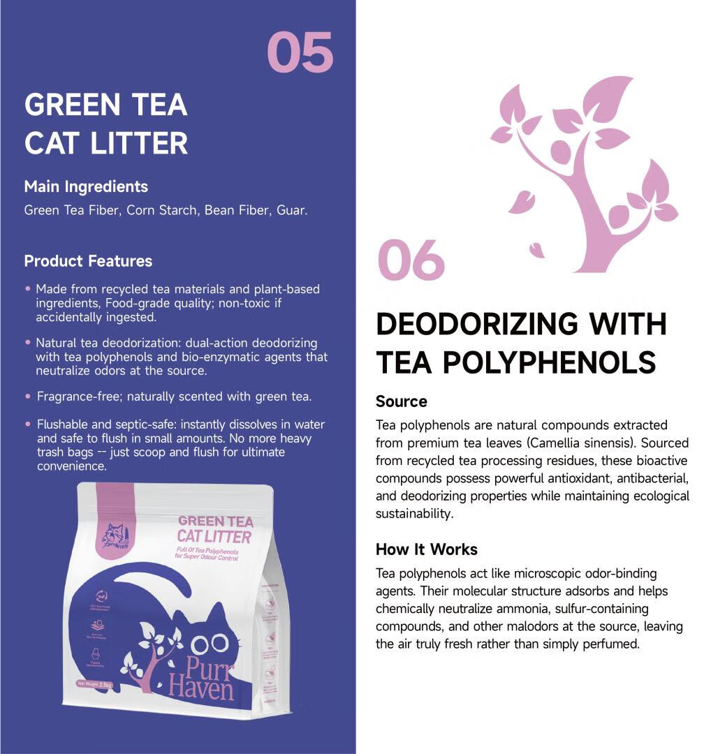 Purr Haven Green Tea Natural Cat Litter – Plant-Based, Flushable & Odor-Control | 2.5kg Pack (6 Packs / 10 Carton)