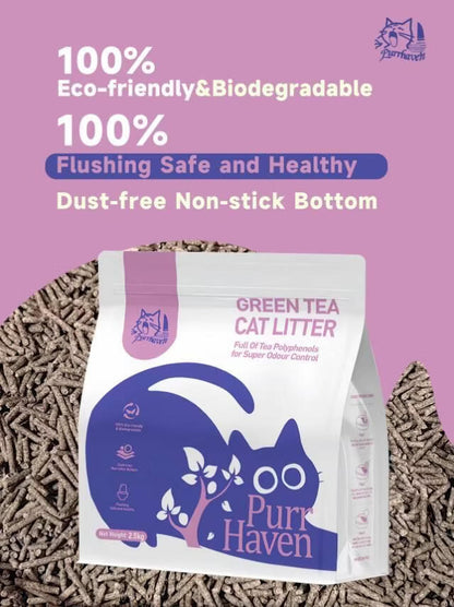 Purr Haven Green Tea Natural Cat Litter – Plant-Based, Flushable & Odor-Control | 2.5kg Pack (6 Packs / 10 Carton)