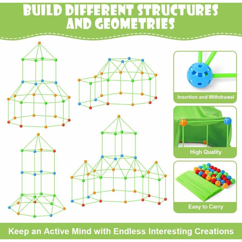 174PCS Glow in the Dark Fort Building Kit with Tent – Kids Air Fort Construction Set (102 Sticks + 72 Balls)