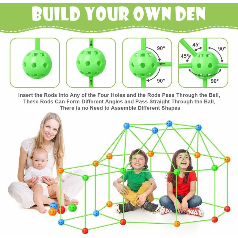 174PCS Glow in the Dark Fort Building Kit with Tent – Kids Air Fort Construction Set (102 Sticks + 72 Balls)