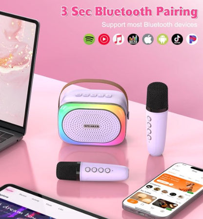 Karaoke set for kids - Portable Bluetooth speaker for car - Equipped with 2 karaoke microphones - Voice changer and LED lights - Ideal birthday gift for teenagers and children - Off-white