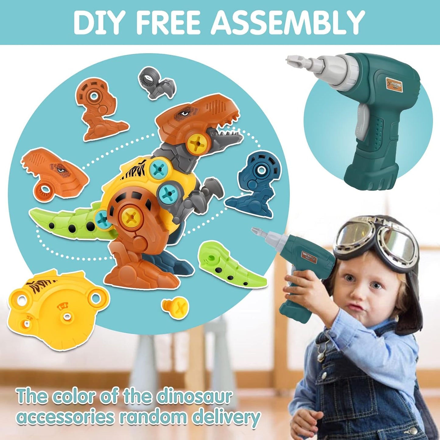 Disassembling Dinosaur Toy - Construction Set with Electric Drill - DIY Construction Toy - Includes Storage Box