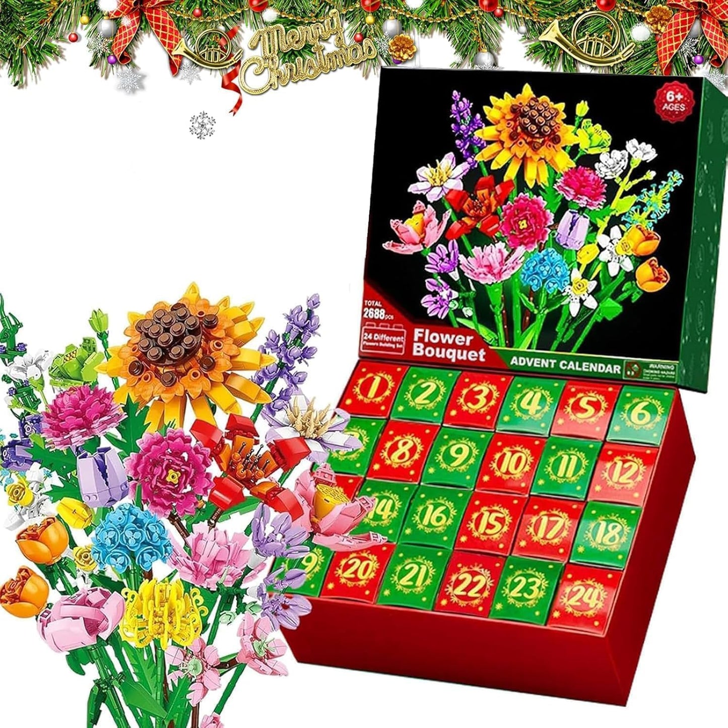 2025 Flower Bouquet Advent Calendar – 24 Day Christmas Countdown Building Block Set (Ages 6+)