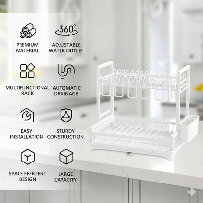 CARLA HOME Dish Drying Rack 2-Tier Kitchen Drainer with Drainboard (White)