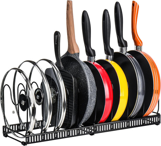 CARLA HOME Expandable Pot and Pan Organizer Rack for Cabinet with 10 Adjustable Dividers, Lid & Cookware Holder for Kitchen Pantry or Countertop Storage