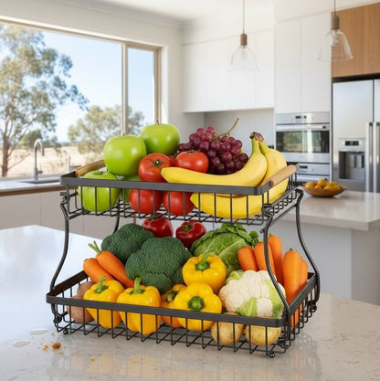 CARLA HOME 2-Tier Fruit Basket Metal Storage Bowl Kitchen Counter Organizer with Handles for Fruits, Vegetables, Snacks & Bread