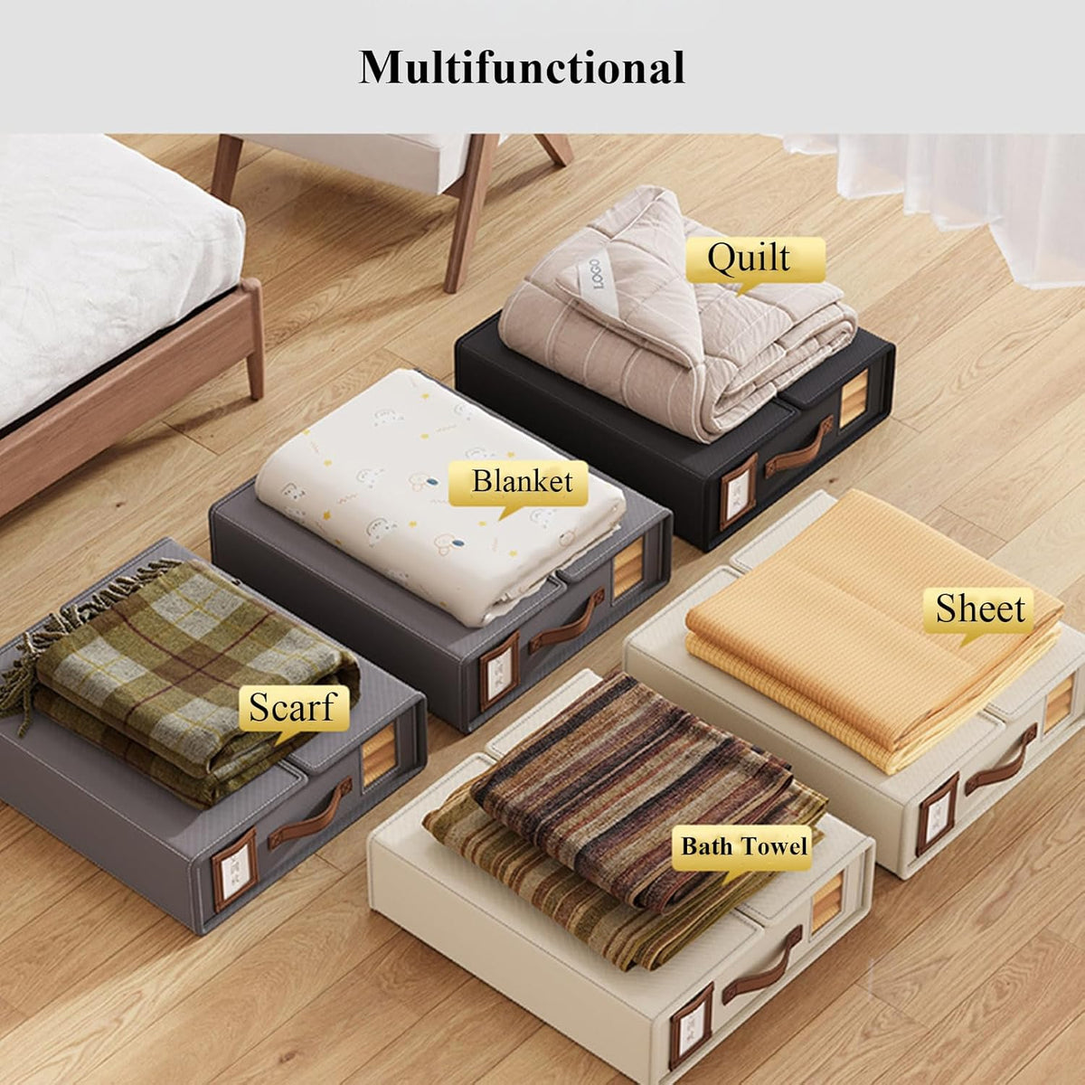 CARLA HOME Bed Sheet Organizer Set of 8 with Handle & Window for Covers, Pillowcases, Blankets, Clothes & Sheets (Black)