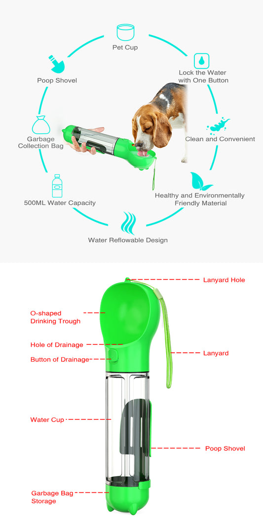 YES4PETS 4-in-1 Portable Pet Water Bottle – Dog & Cat Travel Drinking Mug with Feeder Valve – Green