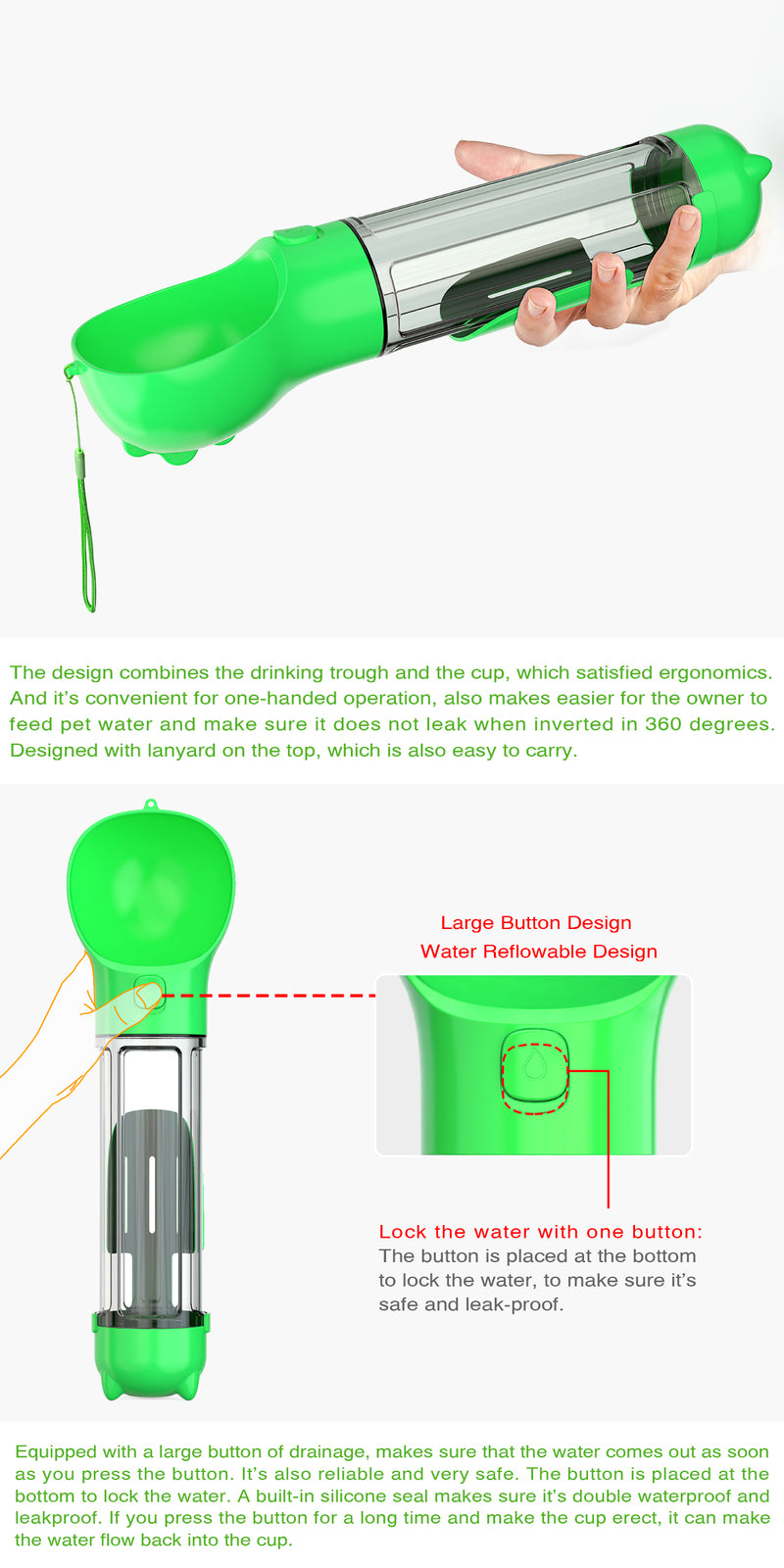 YES4PETS 4-in-1 Portable Pet Water Bottle – Dog & Cat Travel Drinking Mug with Feeder Valve – Green