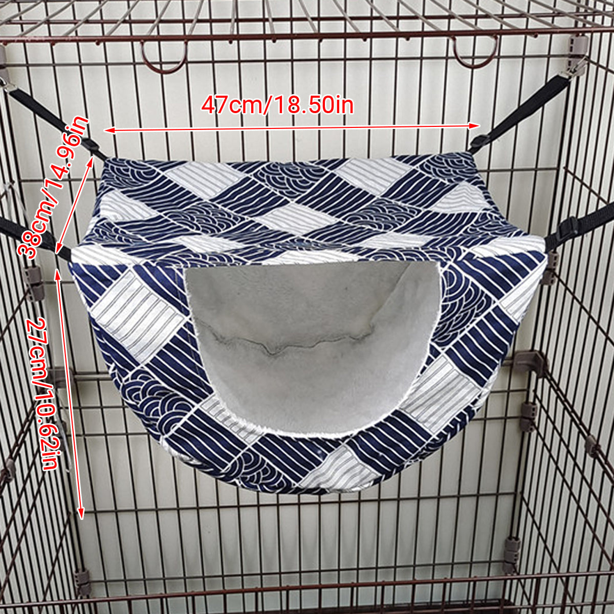Hanging Cat Hammock Bed – Soft Cage Nest with Adjustable Straps (Sea Blue Checkered)