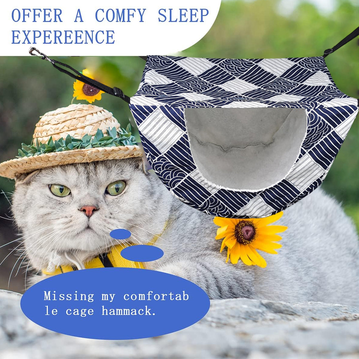 Hanging Cat Hammock Bed – Soft Cage Nest with Adjustable Straps (Sea Blue Checkered)