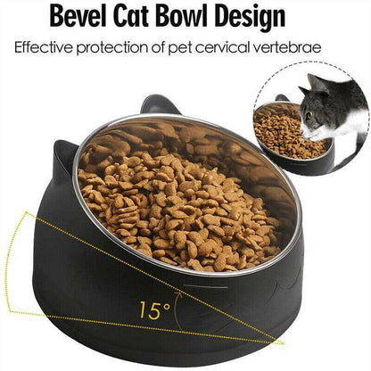 Pet Dog Cat Food Bowl Raised No Slip Stainless Steel Tilted Water Food Feeder - Blue