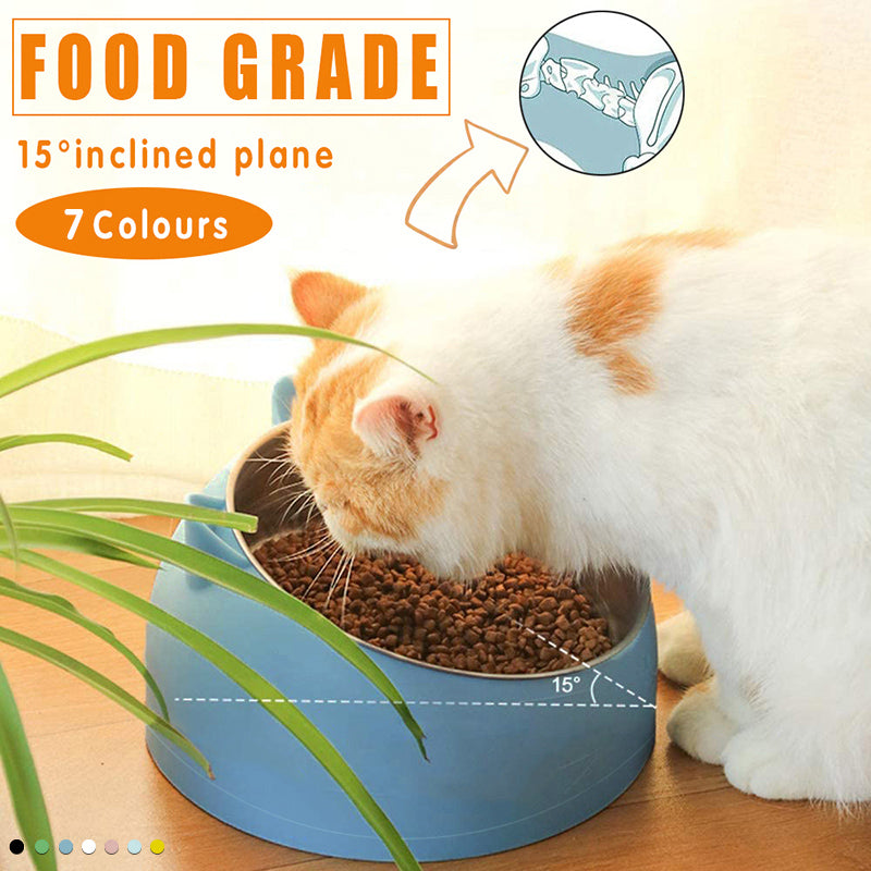 Pet Dog Cat Food Bowl Raised No Slip Stainless Steel Tilted Water Food Feeder - White