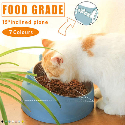 Pet Dog Cat Food Bowl Raised No Slip Stainless Steel Tilted Water Food Feeder - White