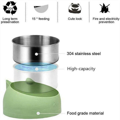 Pet Dog Cat Food Bowl Raised No Slip Stainless Steel Tilted Water Food Feeder - White