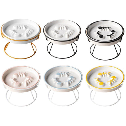 Ceramic Cat Bowl Slow Feeder Pet Food Tray for Cats and Dogs Non Slip Design - White Bowl-Gold Tray Rack