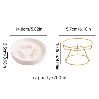 Ceramic Cat Bowl Slow Feeder Pet Food Tray for Cats and Dogs Non Slip Design - White Bowl-Gold Tray Rack