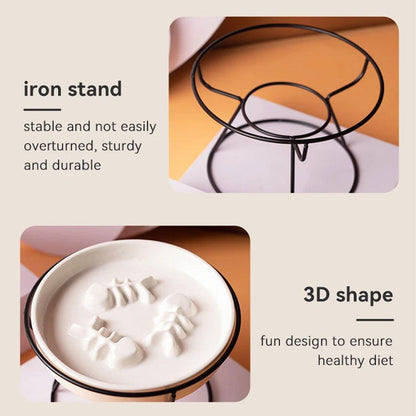 Ceramic Cat Bowl Slow Feeder Pet Food Tray for Cats and Dogs Non Slip Design - White Bowl-Gold Tray Rack