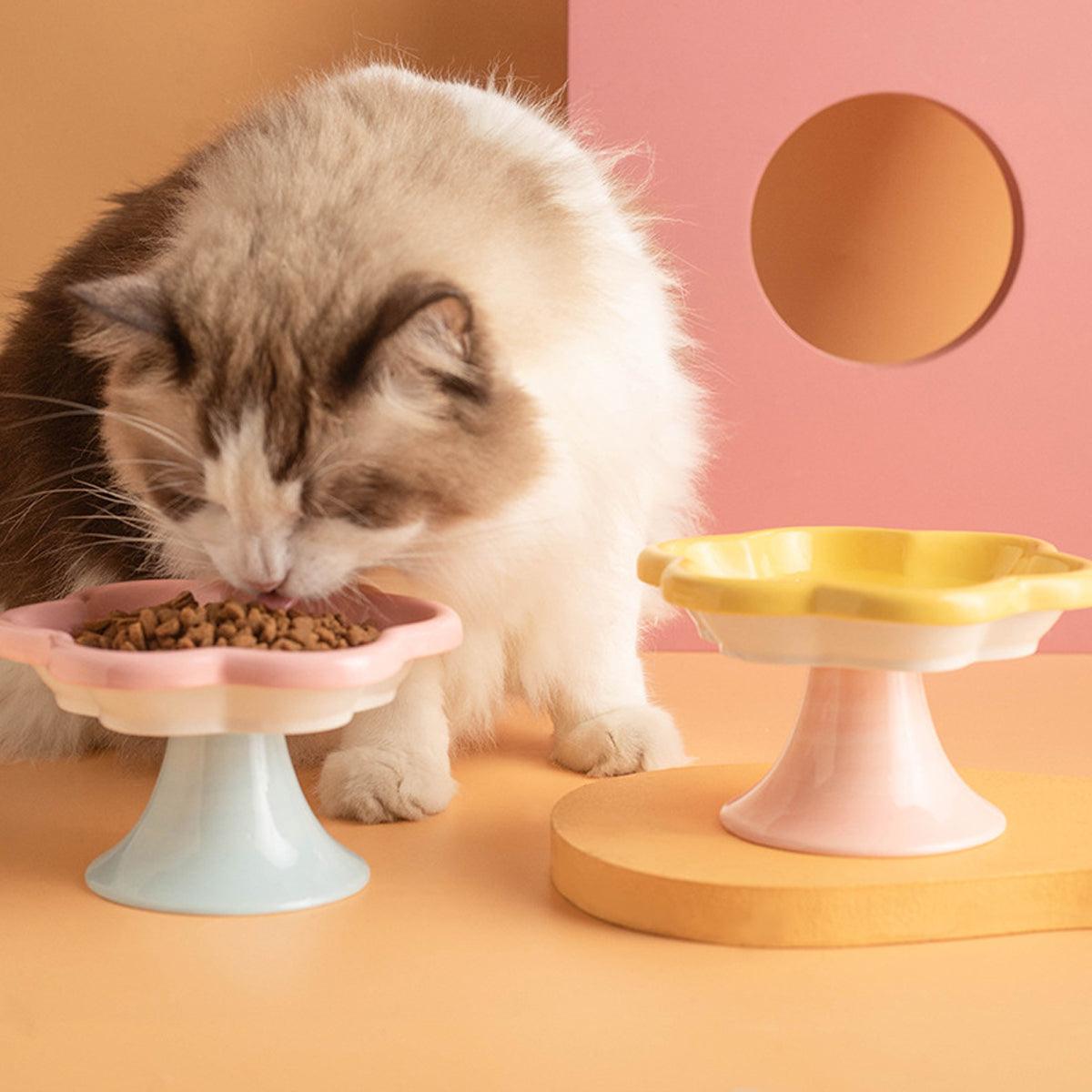 Flower Ceramic Cat Bowl Pet Food Bowl Snack Tray for Cats and Small Pets Feeding - Yellow