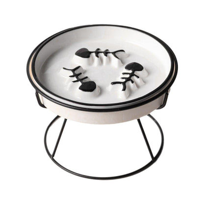 Ceramic Cat Bowl Slow Feeder Pet Food Tray for Cats and Dogs Non Slip Design - Yellow Bowl-White Tray Rack