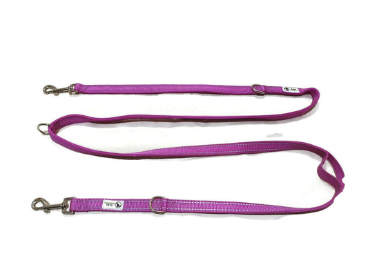 Moondidley Pets Multi Dog Lead – 25mm Reflective Nylon Double Clip Leash with Coupler, Waist Belt & Quick-Tie – Purple