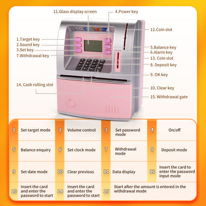Black Digital ATM Savings Bank for Kids - Electronic Piggy Bank with PIN & Card for Real Money