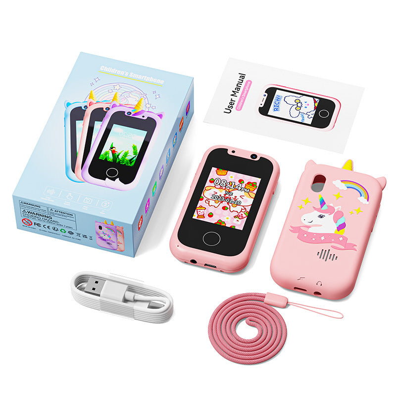 Kids Unicorn Smart Phone Toy with Dual Camera and IPS Touch Screen Educational Games MP3 Music Player 512MB Card Included Blue Silicone Case Ideal for Girls Gift
