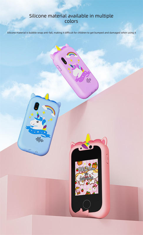 Kids Unicorn Smart Phone Toy with Dual Camera and IPS Touch Screen Educational Games MP3 Music Player 512MB Card Included Blue Silicone Case Ideal for Girls Gift