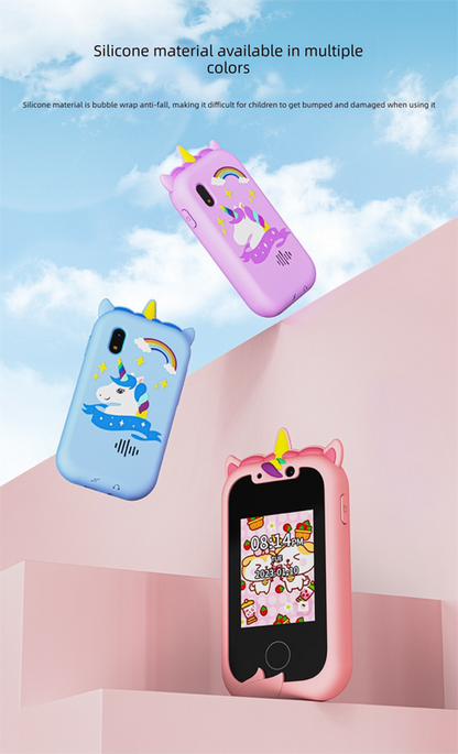 Kids Unicorn Smart Phone Toy with Dual Camera and IPS Touch Screen Educational Games MP3 Music Player 512MB Card Included Blue Silicone Case Ideal for Girls Gift
