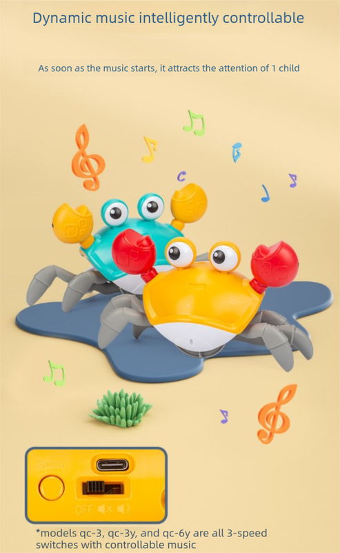 Electric Induction Crawling Crab Baby Toy Interactive Obstacle Avoidance Moving Pet with Music & Light USB Rechargeable Tummy Time Gift Sky Green