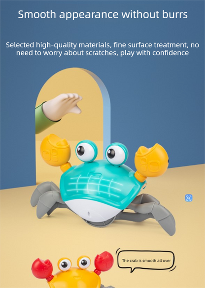 Electric Induction Crawling Crab Baby Toy Battery Operated with Silent Mode Music Off Switch Obstacle Avoidance Tummy Time Gift Sun Orange