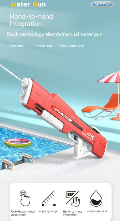Electric Water Gun Auto Refill 46cm Blue LED Pulse Blaster High Pressure Toy with External Bottle Connector & Manual Mode for Summer Pool Party