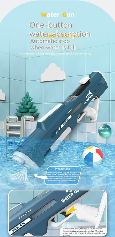 Electric Water Gun Auto Refill 46cm Blue LED Pulse Blaster High Pressure Toy with External Bottle Connector & Manual Mode for Summer Pool Party