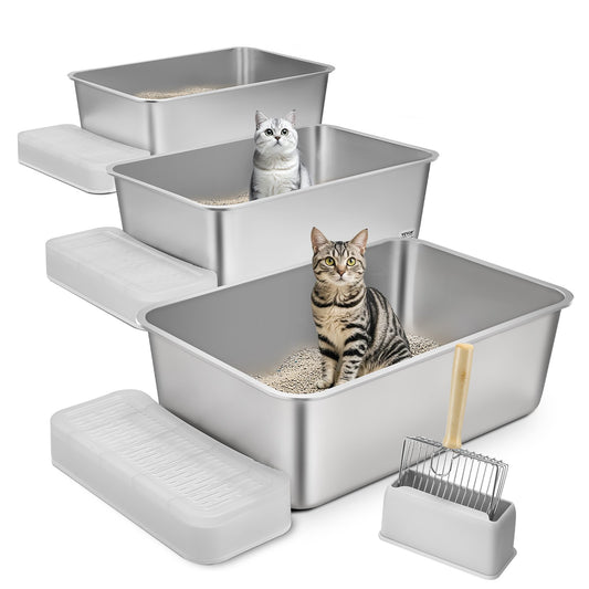 VEVOR XL Stainless Steel Cat Litter Box – Extra Large, 203 mm Deep, with Metal Scoop