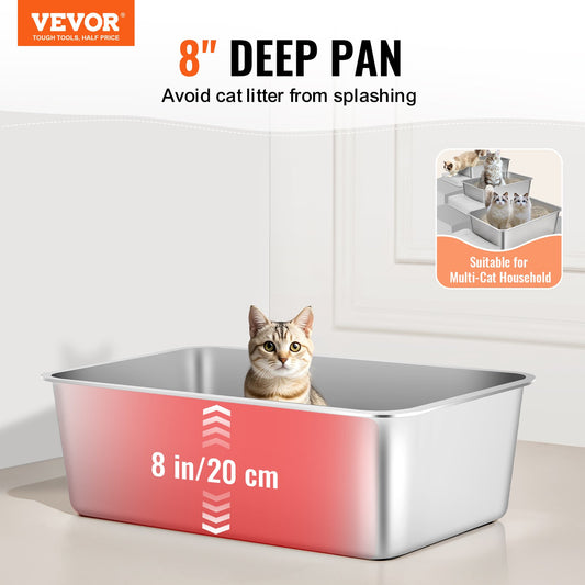 VEVOR XL Stainless Steel Cat Litter Box – Extra Large, 203 mm Deep, with Metal Scoop
