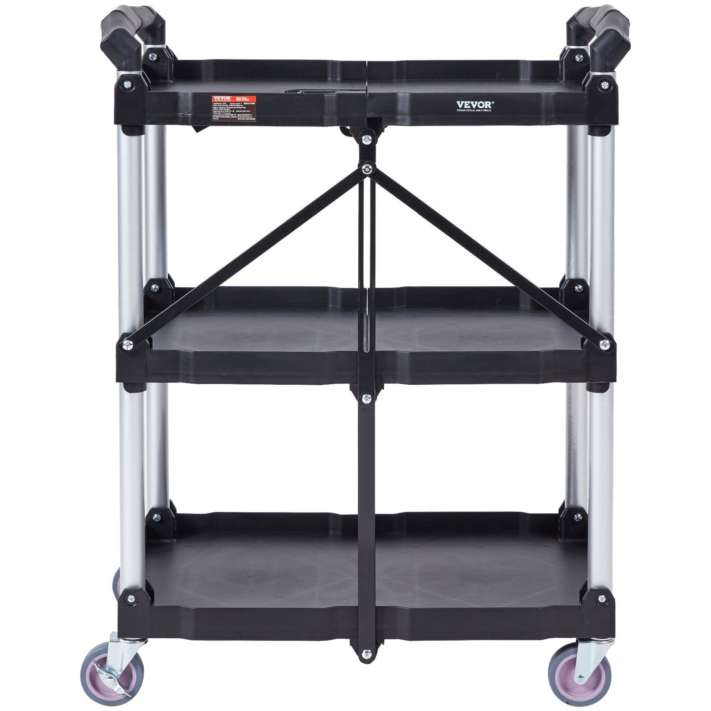 VEVOR 3-Tier Foldable Utility Cart – 75kg (165lbs) Heavy-Duty Rolling Service Cart with Lockable Wheels
