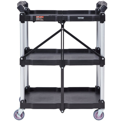 VEVOR 3-Tier Foldable Utility Cart – 75kg (165lbs) Heavy-Duty Rolling Service Cart with Lockable Wheels