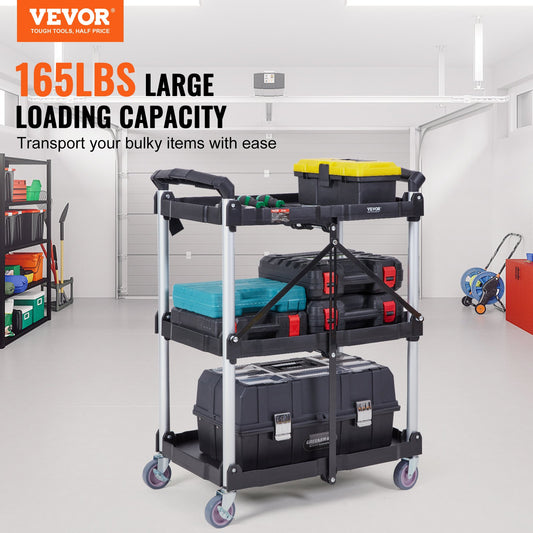 VEVOR 3-Tier Foldable Utility Cart – 75kg (165lbs) Heavy-Duty Rolling Service Cart with Lockable Wheels