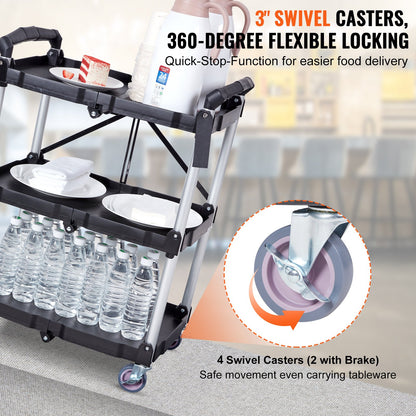 VEVOR 3-Tier Foldable Utility Cart – 75kg (165lbs) Heavy-Duty Rolling Service Cart with Lockable Wheels