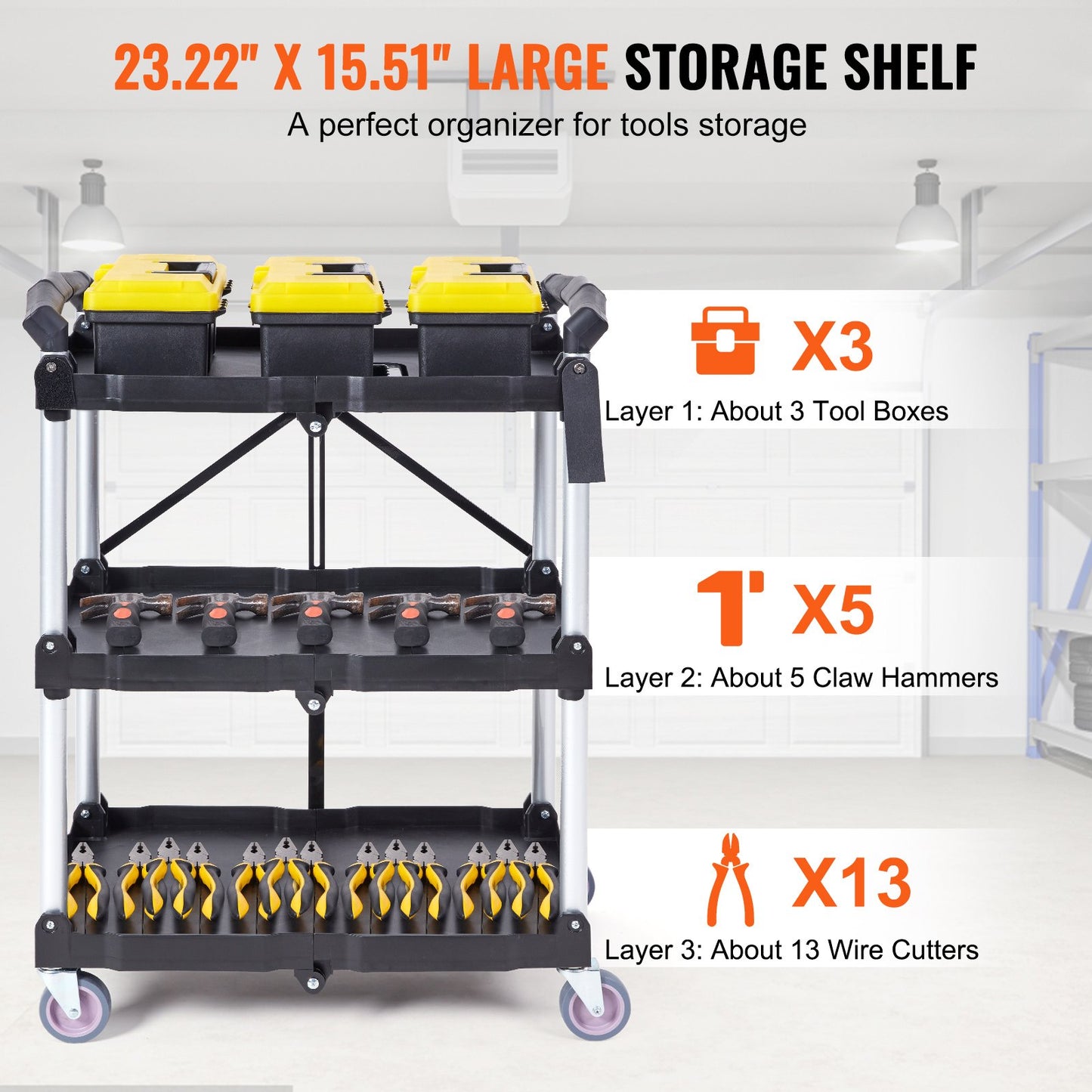 VEVOR 3-Tier Foldable Utility Cart – 75kg (165lbs) Heavy-Duty Rolling Service Cart with Lockable Wheels