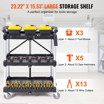 VEVOR 3-Tier Foldable Utility Cart – 75kg (165lbs) Heavy-Duty Rolling Service Cart with Lockable Wheels