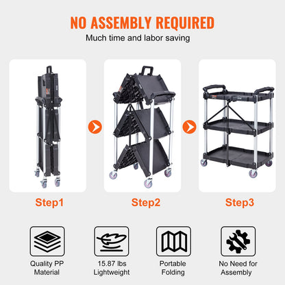 VEVOR 3-Tier Foldable Utility Cart – 75kg (165lbs) Heavy-Duty Rolling Service Cart with Lockable Wheels