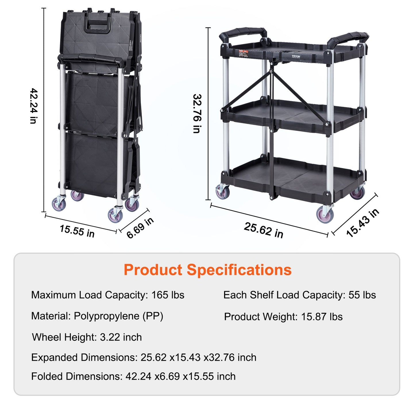 VEVOR 3-Tier Foldable Utility Cart – 75kg (165lbs) Heavy-Duty Rolling Service Cart with Lockable Wheels
